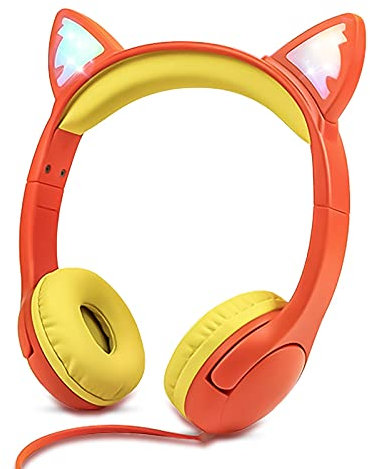 Olyre Kids Headphones Children Girls Boys Teens with LED Light Up, Adjustable On Ear Headphones 3.5mm Jack Compatible School Cellphones Computer MP3/4 Tablets/E-Readers- Orange/Yellow