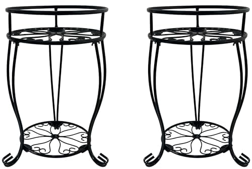 NOAMOO Pflanzenständer aus Metall, 49 cm hoch, 2 Etagen, Topfpflanzenregal für drinnen und draußen, schmiedeeiserner Blumentopfhalter für Ecke, Wohnzimmer, Terrasse, Küche und Badezimmer, schwarz