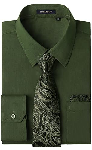 HISDERN Camisa Hombre Verde Manga Larga Formal Camisas y Corbata Elegante Camisa de Vestir de Negocios Boda con Bolsillo Regular Fit S