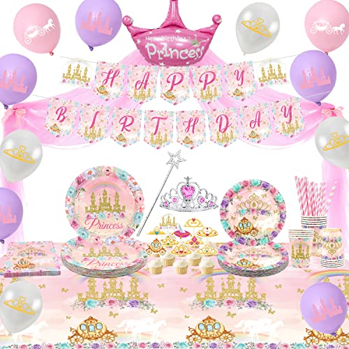 Ywediim Prinzessinnen-Partyzubehör, inkl. Banner, Teller, Tüll, Luftballons, Servietten, Tischdecke, Mädchen-Geburtstagsparty-Dekorationen für 20 Gäste (Stil B)