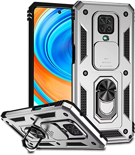 ESONG Funda para Xiaomi Redmi Note 9S/9 Pro/9 Pro MAX Armor Carcasa Protectora de Grado Militar,Cubierta de Cámara Deslizante/360° Giratorio Anilla,paraSoporte de Montaje Magnético del Coche-Plata