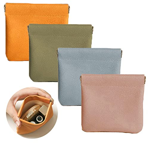 BSITSSS 4 Stück Leder Kosmetiktasche Klein, Tragbare Mini Schminktasche kein Reißverschluss, Selbstschließende Kleine Make up Tasche, Wasserdichte Kein Make up Bag, Ausgehen, Einkaufen, Dating, Reisen