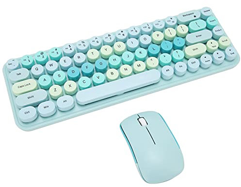 Yunseity Wireless Keyboard and Mouse Combo, 2.4GHz Wireless Retro Typewriter Keyboard and Mouse Combo, 68 Round Keycaps, 3 DPI Cute Mouse for PC Desktop Laptop (Blue Mixed Color)