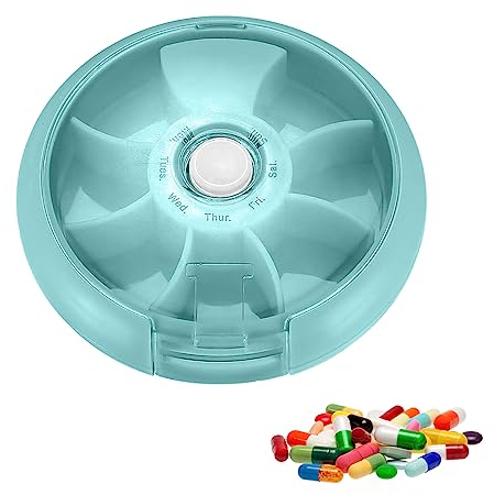 Tablettenbox, Tragbare 7 Tage Pillendose, 7 Tage Rund Medikamentenbox, Klein Medikamentenbox, Rotierende Pillendose, 7 Tage Klein Pillendose, Pillendose, Tablettendose Für Unterwegs Rund Blau