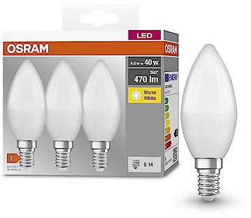 OSRAM Base Classic B 40 FR Led Lamp with E14 Base, Mini Candle Shape, Triple Pack, 4.9W, 470Lm, 2700K, Warm White Light, Low Heat Output, Very Low Energy Consumption, Long Life