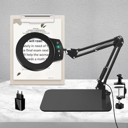 Lupe mit Touch Control Licht und Ständer - LED Lupenleuchte in Schwarz, Klemme, 5 Farbmodi, stufenlos dimmbar - Perfekte Lupenlampe für präzise Arbeiten und Modellbau