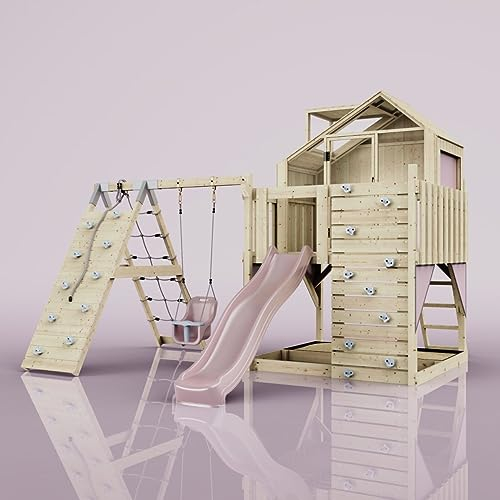Rebo Outdoor Spielturm mit Wellenrutsche, Spielhaus aus Holz mit Kletterwand, Kletternetz,Altrosa