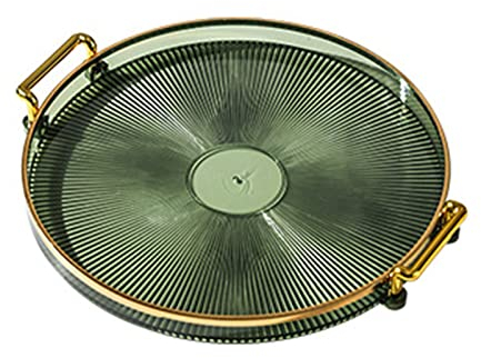 Serving Tray with Golden Handles, Acrylic Decorative Tray Round Tray, Serving Platter for Food/Drinks/Snack/Coffee/Tea, Display Tray for Home Bar Restaurant (Dark Green)