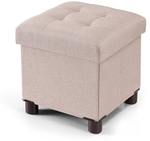 BRIAN & DANY Small Ottoman Storage Box 32x32x32.5cm, Linen Foot Stool with Wood Legs, Footstool with Lid for Livingroom Bedroom, Khaki