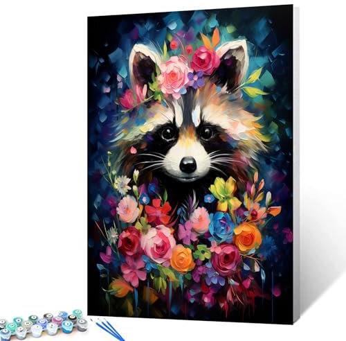 Tucocoo Malen-nach-Zahlen-Set mit Waschbär-Blumen, Pinseln und Acrylpigmenten auf Leinwand, Gemälde für Erwachsene, abstraktes Blumenmuster, niedliches Tierbild für Heimdekoration, Geschenke