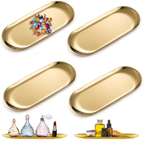 MIUUIPI Tablett Gold, 4 Stück Ovale Deko Tablett Gold, Edelstahl Serviertabletts, Kerzentablett, Kosmetik Organizer Buffet Teller für Lebensmittel, Schmuck, Kosmetik