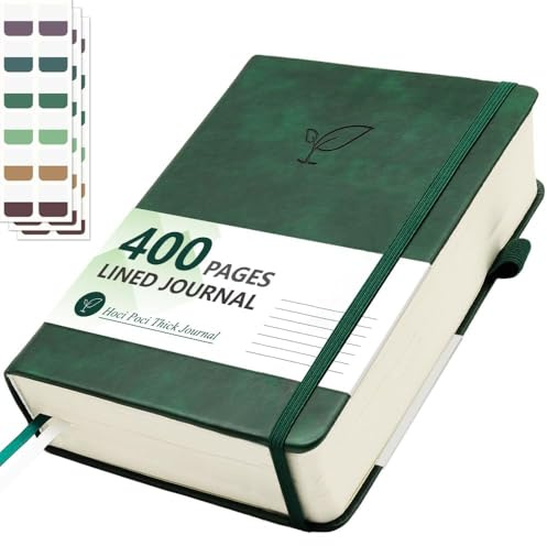 Hoci Poci Liniertes Tagebuch, 400 Seiten, dickes Tagebuch zum Schreiben, A5, Hardcover, Leder-Notizbuch mit 100 g/m², College-Papier, für Damen und Herren, Arbeit, Notizen, 14,7 x 21,3 cm, Grün