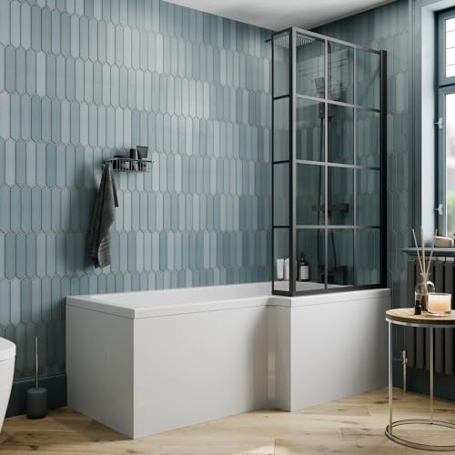 BAYSTONE 1500 x 855mm Right Hand L Shaped Shower Bath Bathtub with Front Panel + Black Framed Grid Bath Screen
