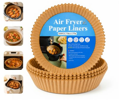 Air Fryer Paper Liners 8 Inch Round, 100 Pack for Ninja, Tefal, Cosori | Independently Lab Tested for Food Contact Safety | Selected models: Philips, Russell Hobbs & Princess | Unbleached parchment