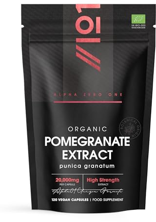 Alpha01 Organic Pomegranate Extract 20,000mg Vegan Capsules - High Strength 40:1 Punica Granatum Extract - 120 Capsules 4 Months Supply