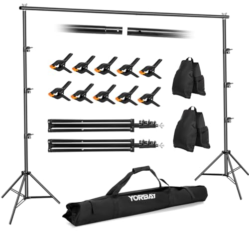 Yorbay Hintergrund Ständer Verstellbarer Hintergrundsystem mit 10 Hintergrundklemmen und 2 Sandsack 1 Tragetasche, Fotohintergrund Ständer für Fotostudio Porträt Produktfotografie (2.6x3m)