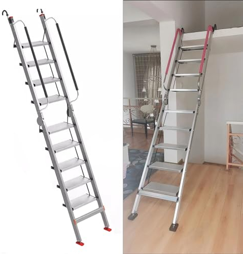 Scala per Soppalco Scala di Uscita Dal Pozzo Della Finestra del Seminterrato da 8,5 Piedi/9 Piedi, Scala Pieghevole per Letto a Castello per Camper, Scala Antincendio In Alluminio con Corrimano(Size:9