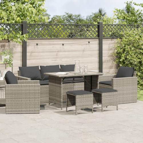 Willood 6 TLG. Rattanmöbel Gartenbank Rattan Garten Sitzgruppe Gartenlounge Gartenmöbel Set Sofagarnitur mit Kissen Hellgrau Glas Tisch