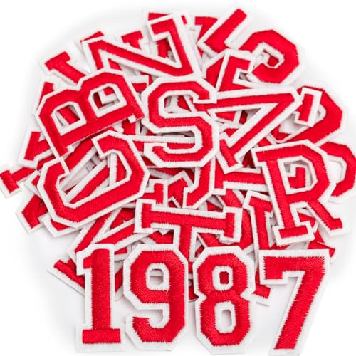 Iron on Letters and Numbers Patches for Clothes DIY Embroidered Patch A-Z, Numbers 0-9 Applique for Clothes Hats Backpacks Jackets Pants DIY Accessories (36pcs-red, 36pcs-Letter and Number)