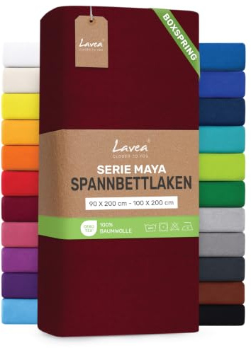 Lavea® Spannbettlaken 90-100x200 cm - für Boxspringbett – Bordeaux | Jersey Spannbetttuch mit 40 cm Steghöhe, 100% Baumwolle, weich, atmungsaktiv, pflegeleicht, formstabil – Perfekte Passform