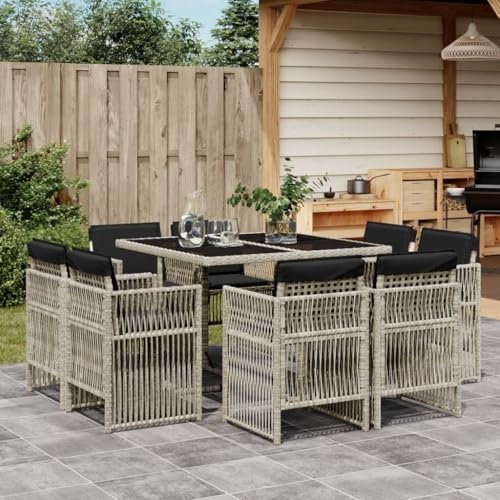 Xichuzi 9-TLG. Garten-Essgruppe mit Kissen Hellgrau Poly Rattan, Esstisch Mit Stühlen Set, Gartenmöbel Sitzgruppe, Balkon Möbel, Gartenlounge Set, Terrassenmöbel, Balkonmöbel Set - 3211019
