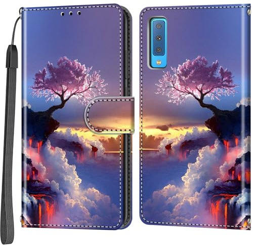 Handyhülle für Samsung Galaxy A7 2018, rosa Baum | Magnetisch, Stoßfest, Kartenfächer, Flip PU Leder, Brieftasche Schutzhülle, Ständer Klapphülle