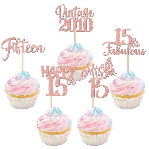 30 Stück Vintage 2010 Cupcake Toppers Glitzer Happy 15th Geburtstag Tortendeko Fabulous 15 Fifteen Kuchen Deko für 15th Geburtstag Hochzeit Jahrestag Party Rosegold
