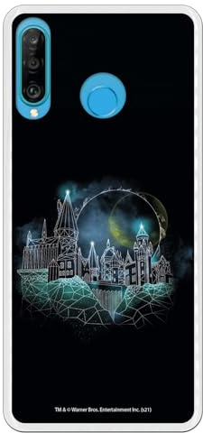 Offizielle Harry Potter Schutzhülle kompatibel mit Huawei P30 Lite mit Hogwarts-Schloss-Design, flexibel, TPU-Silikon, transparent