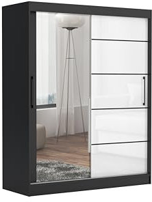 Brent - Kleiderschrank mit Spiegel und Schubladen 160cm Breit Chelsea Tomy, Schwebetürenschrank mit Spiegel, Schlafzimmerschrank, Kleiderschrank Schwarz Matt/Weiß Hochglanz