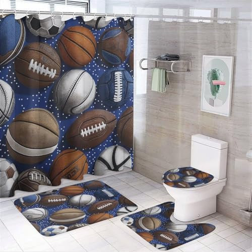 Duschvorhang-Sets mit amerikanischen Sportarten und 4-teiligen Teppichen, Dekoration für Badezimmer, Toilette, Badezimmermatte, 3D-Druck, Fußbälle, Basketbälle, Sportbälle, Polyestergewebe, 4-teilige