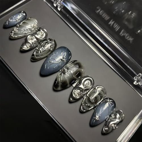 GlamRays 30 Pieces Dark Sticker Nails, Medium Almond False Nails with Irregular Silver Design, Pearls, Jewellery, Glitter, Gothic