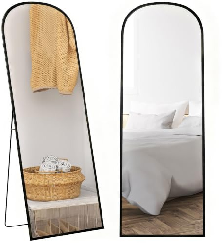 HOMCOM Full Length Mirror, 165x60cm, Arched, Free Standing, Black Frame | Floor Mirror, Aluminium Alloy Frame, Hanging or Leaning, Living Room, Bedroom