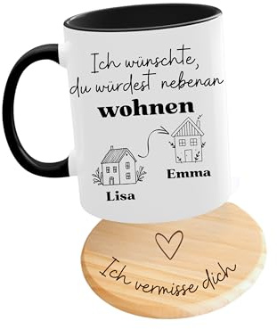 GRAVURITE - Tasse Ich wünschte, du würdest nebenan Wohnen, Personalisierte Geschenkidee Freundschaft, Abschiedsgeschenk, Beste Freundin, Umzug, Du wärst hier Tasse mit Untersetzer, Fernbeziehung