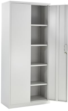Metal Storage Cabinet with Lock, 2 Door Lockable Office Storage Cupboard, Tall Grey Unit 4 Adjustable Shelves, 180cm Office Cabinet, for Warehouse, Workshop, Garage Tool Cabinet (Grey, 180H x 80W)