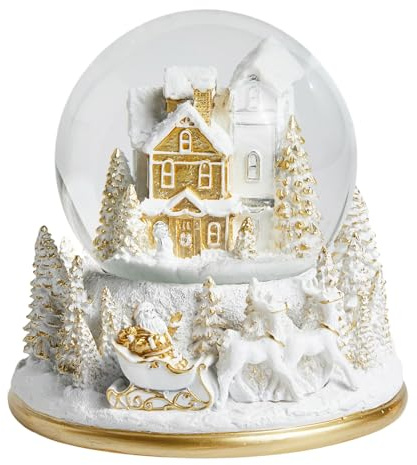 home&you - Schneekugel Mingle, mit Spieluhr, Weihnachtsdeko, Winterlandschaft, Weihnachtsmann, Rentier, Haus, Tannenbäume, Glas, Harz, Metall, Kunststoff, 14x13x13 cm - Golden