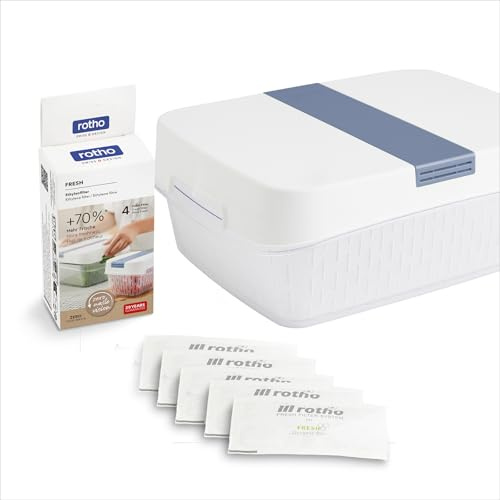 Rotho DYNAMIC BOX Frischhaltedose für Obst und Gemüse 6,4 L Fresh Weiß | Fresh Filter System im Deckel gegen Ethylen, herausnehmbarer Siebkorb, Wabenstruktur, regulierte Belüftung, 4 Ersatzfilter