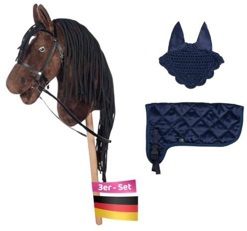 HobbyHorse24 Hobby Horse Set Dunkelbraun mit Blauer Decke und Blauer Fliegenhaube, Steckenpferd für Kinder, Stockpferd mit Zubehör