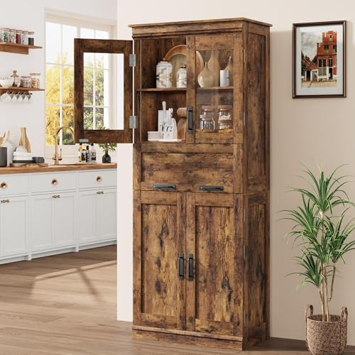 Thaookte 170cm Badezimmerschrank Badschrank Badezimmermöbel Mit Einer Schublade, Verstellbare Ablagen, Freistehender Aufbewahrungsschrank Mit Glastüren, Hochschrank Für Wohnzimmer, Küche Und Bad
