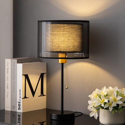 XINYASEE Moderne, minimalistische Tischleuchte mit doppellagigem Stoffschirm, Zugschalter, schwarzem Metallfuß, 49 cm hoch, ideal für Schlafzimmer, Wohnzimmer und Büro. (Schwarz)