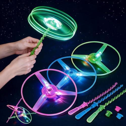Wekuw 12 Stück Propellespielzeug Fliegendes Spielzeug Party Set | 12 Werfer & 12 Scheiben Hubschrauber Spielset Leuchtspielzeug Propeller LED Leuchtspielzeug, Partyzubehör und Goodie Bag