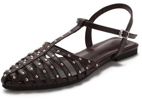 Wtharosa Sandalias Planas De Jaula Mujer Sandalias Casuales con Tachuelas Punta Fina Tira En T Cierre De Hebilla Seguro Zapatos De Verano para Caminar para Outfit De Fin De Semana,Marrón,39 EU