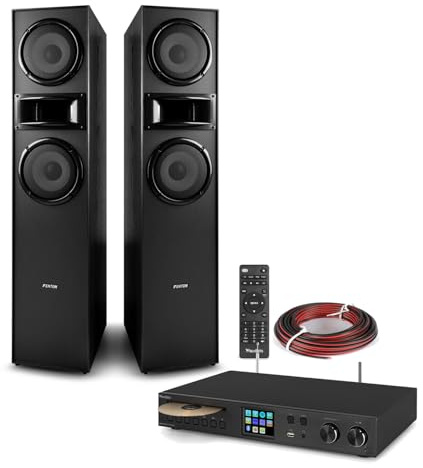 Fenton Floor Standing Tower Speaker System with 120W Receiver Amp, Bluetooth, Spotify Connect, Internet Radio, DAB+ and CD, Complete Tower Stereo System for Home Audio