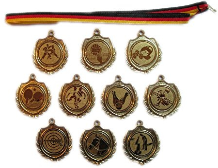 10 kleine Feuerwehr-Medaillen mit Bändern.