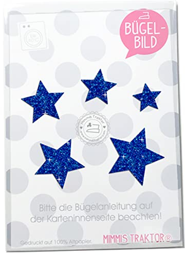 Bügelbild 5 GLITZER Sterne 4 cm bis 2 cm, 40 mm bis 20 mm Aufbügler Applikationen Bügelsticker für Stoffe Textilien Kinder zum Aufbügeln Flicken, Farbe:Glitzer blau