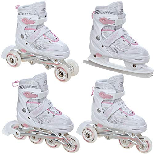 CROXER Optima 4in1 Inline Skates Triskates Rollschuhe Schlittschuhe Inliner für Kinder Erwachsene verstellbar (White/Pink, 31-34 (18,5cm-20,5cm))