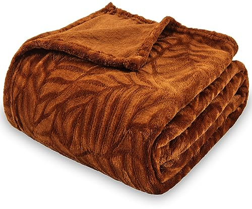 SOCHOW Flanell Fleecedecke mit 3D-Blattmuster, leichte, superweiche, gemütliche Plüsch-Bettdecke/Sofadecke 127 x 150 cm, Karamell