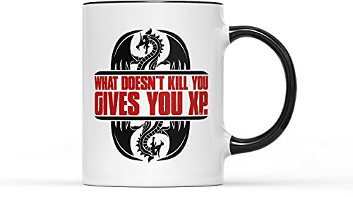 What Doesnt Kill You Gives You XP Mug - Gamer Coffee Tea Cup Ceramic Heavy Duty Handle Coated Dishwasher Microwave Safe (Black Handle)