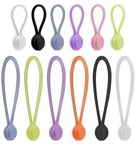 AIEX 12pcs Magnetic Cable Ties, Silicone Cable Straps Magnetic Twist Ties Reusable Multi-Purpose Cord Organizer for Bundling Organizing and Holding Stuff (Multi-Color)