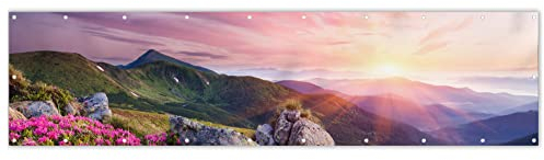MuchoWow® Balkon Sichtschutz Sichtschutzmatte Balkonbanner Abdeckung für Terrasse Balkon Windschutz Blickdicht Wetterfest 300x80 cm Sonnenuntergang - Berge - Blumen - Landschaft