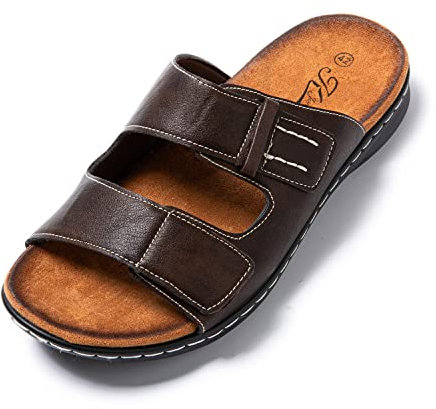 JOMIX Sandales Homme Cuir avec Scratch Chaussures de Plage Tongs Hommes Chaussons de Randonnée pour Douche Piscine Marche (Marron, 40)